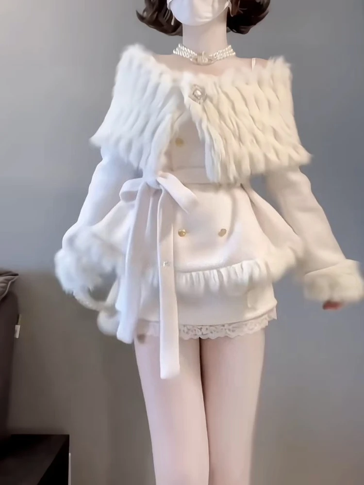 French Sweet Sexy Fur Patchwork Elegant 2 Piece Set Women Design Lace Up Warm Woolen Coat + White Mini Skirt Chic Winter Clothes