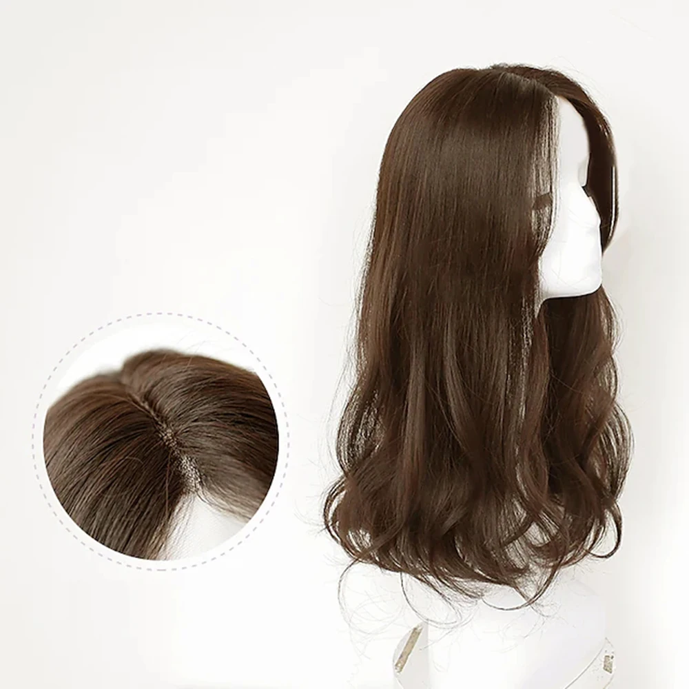 Wig Hitam untuk Wanita Wig Sintetis Panjang dengan Poni Alami Lurus Bergelombang Coklat Tua/Hitam Wig untuk Wanita