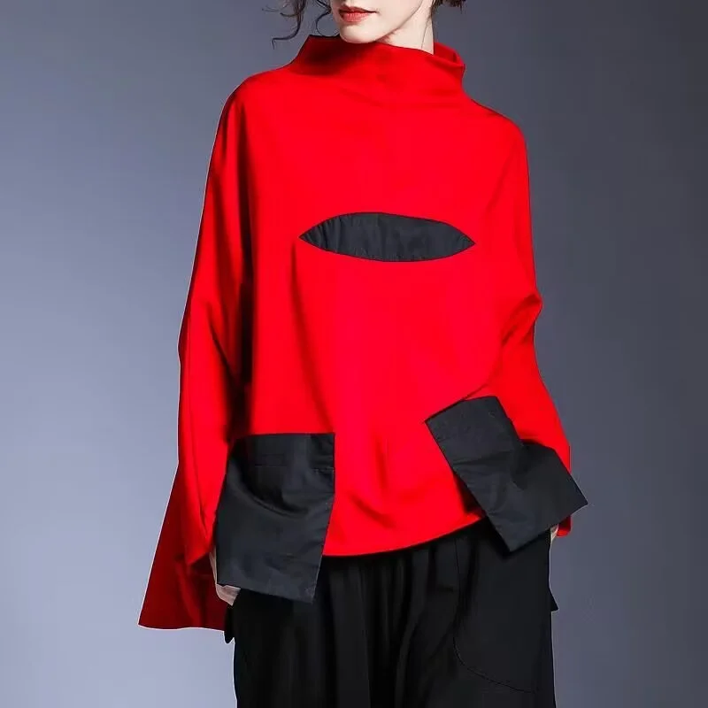 Hoodies Woman Clothing Woman Sweatshirts Autumn Loose High Neck Stitching Round  Coat Women's Leisure Design Loose Coat Women
