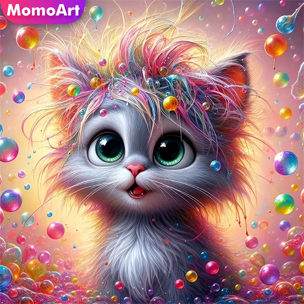 Momoart 5D-Diamant-Stickerei, Tier-Mosaik, Katze, quadratisch, rund, für Anfänger geeignet, Neuankömmling, handgefertigtes Hobby