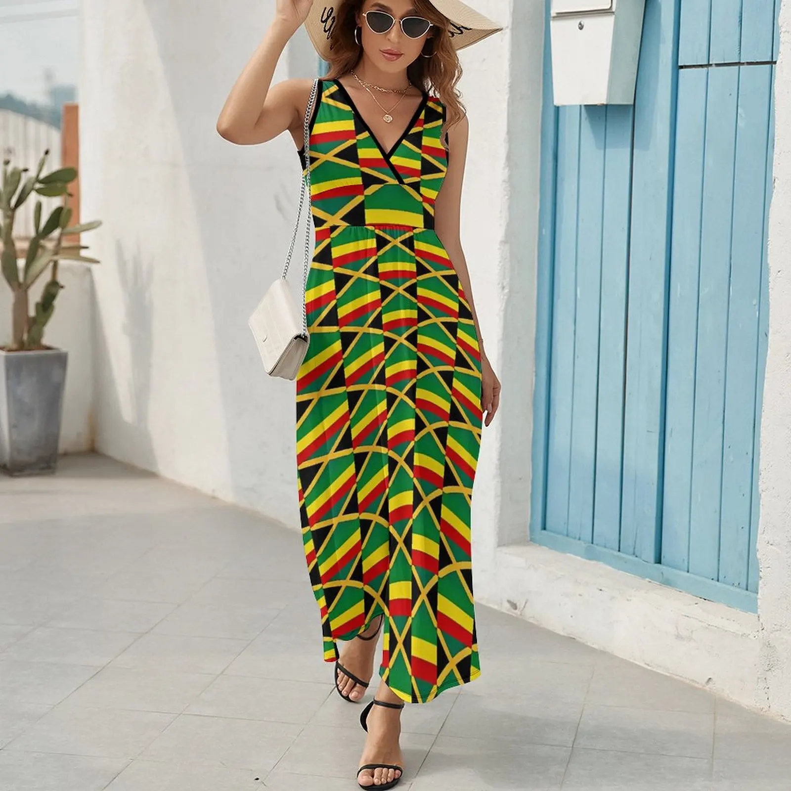 Jamaican Flag Dress Woman Flag of Jamaica Club Maxi Dress V Neck High Waist Street Style Pattern Boho Beach Long Dresses