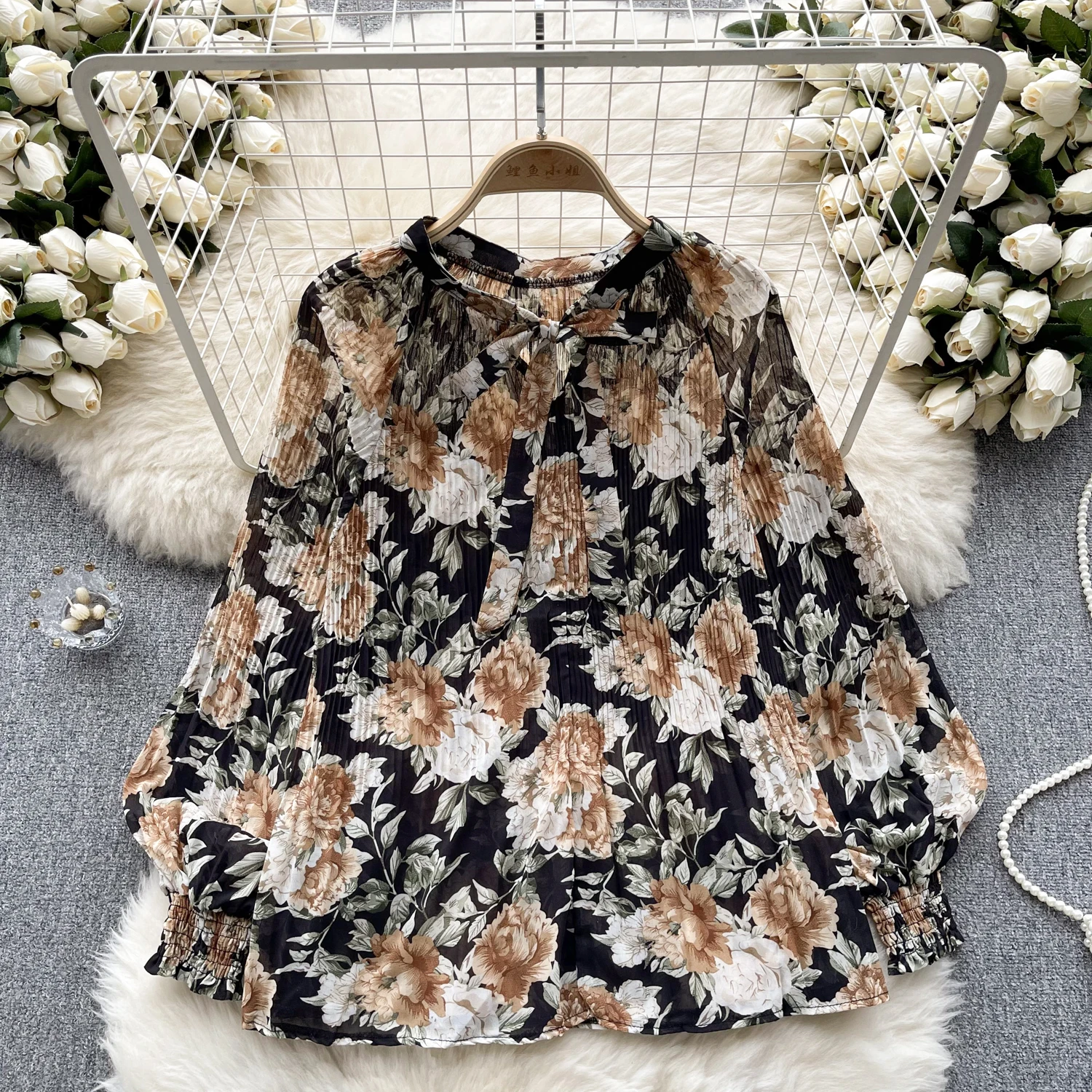 Chic Puff Long Sleeve Print Shirt Vintage Elegant Fashion Casual Blouse Women Bow Y2k Chiffon Summer Top New