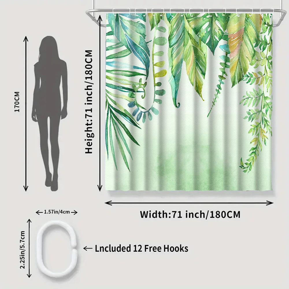 4/1 Tropical leaves shower curtain set, toilet seat decoration, shower curtain with carpet and toilet lid, size 70.8x70.8 inches