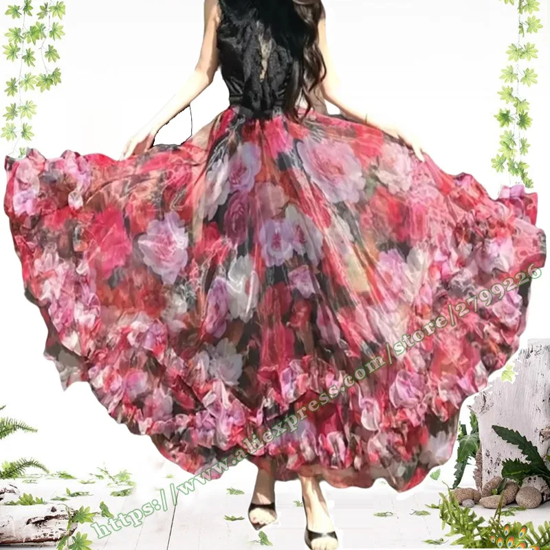 Red floral print pattern Elegant Chiffon French Hepburn Style Lace Slimming Floral Long Skirt for Women Summer 2026