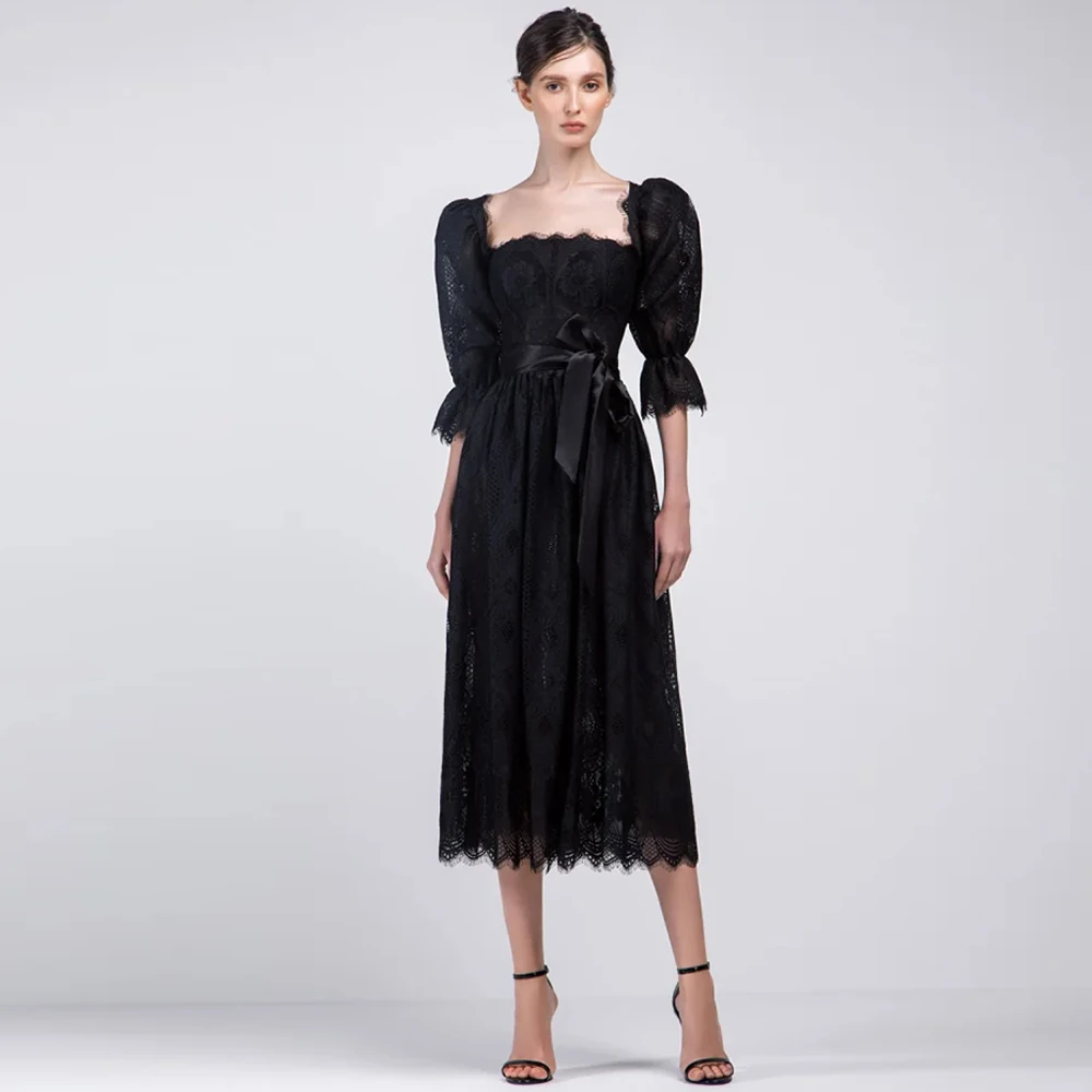 

Graceful Lace Evening Dress Exquisite Square Collar Celebrity Gowns Fashion Half Sleeves Customized Special Occasion Gowns