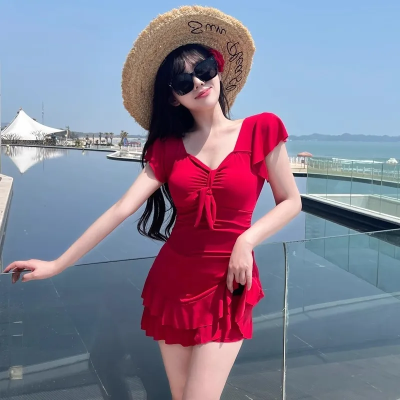 Sweet Ruffle Sleeve One Piece Swimsuit Dress with Bow Front Ruched Waist Flared Skirt Modest Swimwear for Beach Pool Vacation - Image 3