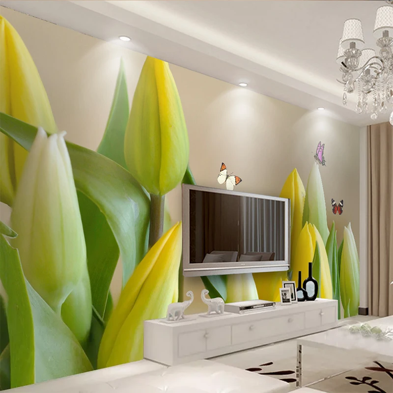 

Custom 3D Mural Wallpaper Living Room Bedroom Sofa TV Backdrop Wall Painting HD Tulip Flowers Butterfly Photo Wall Paper Tapety