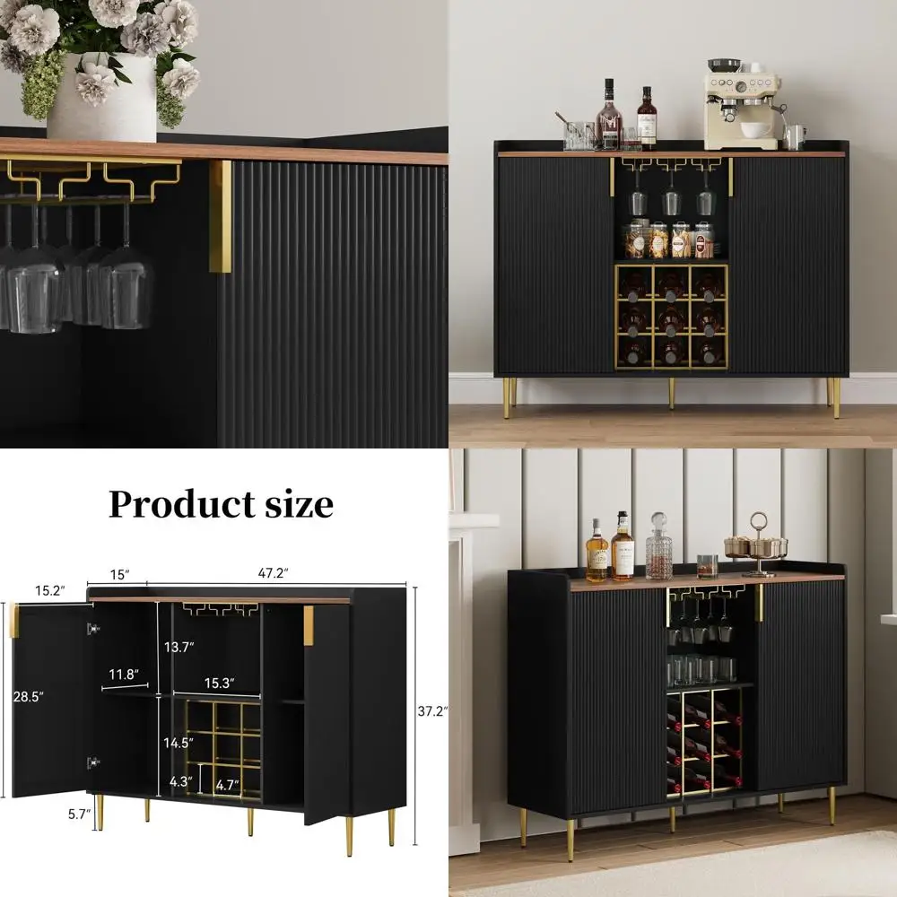 

Черный винный шкаф-бар 48 Luted Texture, буфет с винной полкой и держателем для бокалов, хранение для алкоголя и кофе, подходит для кухни