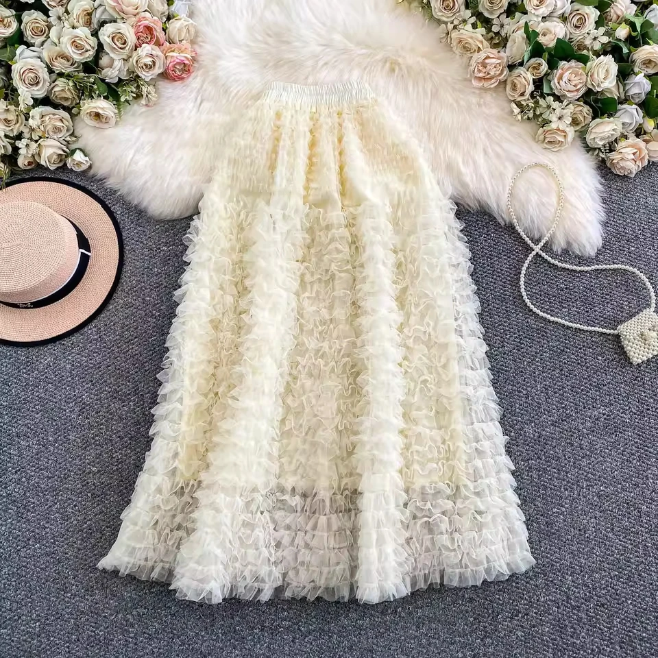 New 2026 3D Floral Mesh Women's Skirts Autumn Winter Elegant High-waisted Slimming A-line Long Skirt