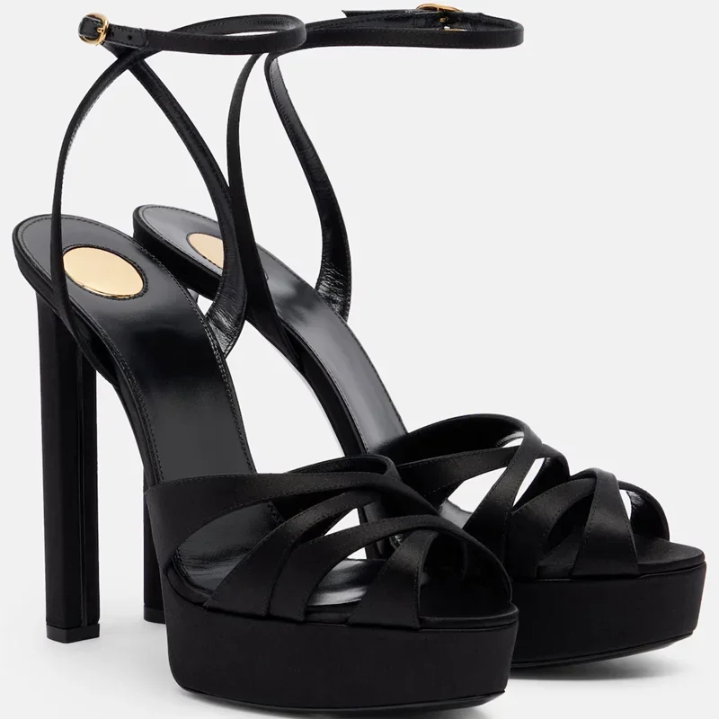 

Platform Corss Tied Satin Sandals Sexy Pointed Toe Thin Heel Slinback Buckle Belt New Arrivals Fashion Women Modern Shoes