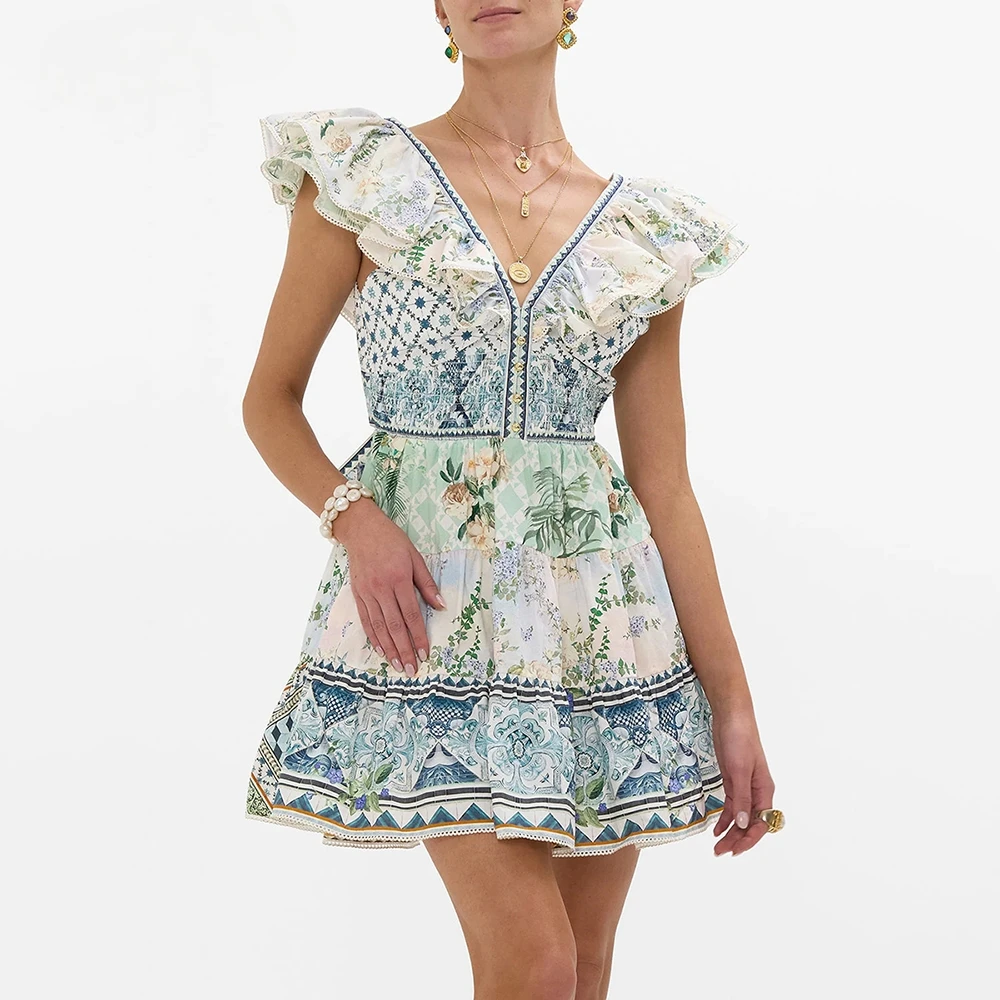 

Women's Backless Patchwork Bandage Dress V-Neck Ruffles Sleeve High Waist Pleated Holiday Print Short Dresses for Female