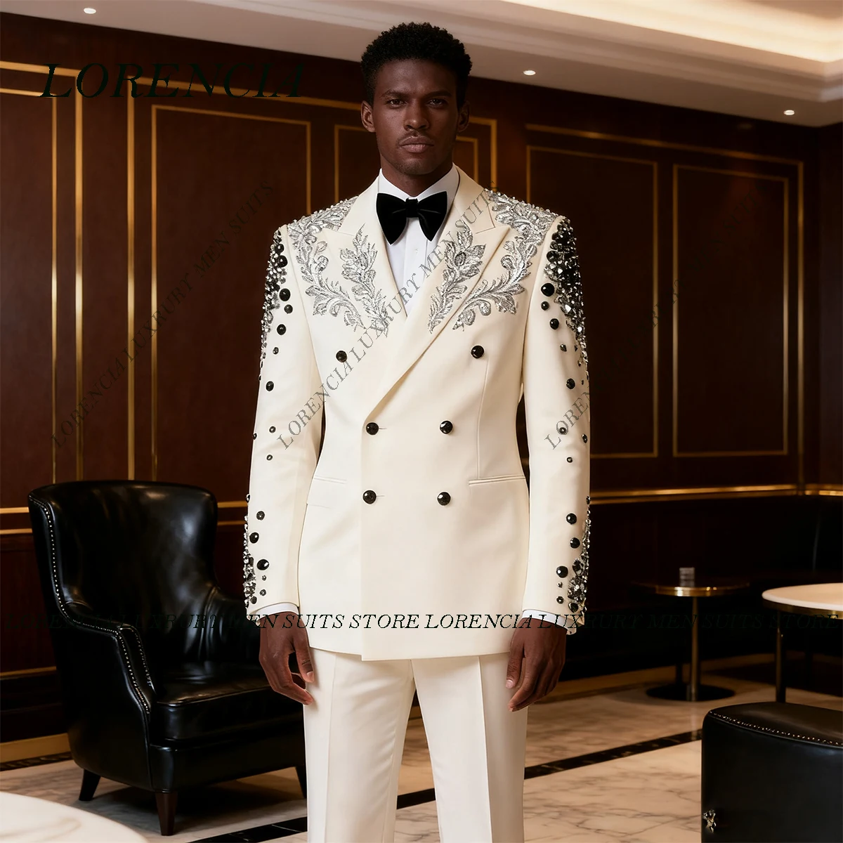

Customized Sparkly Double Breasted Diamond Men Suit Slim Wedding Tuxedos 2 Pieces Sets Applique Groom Male Blazers Ropa hombre
