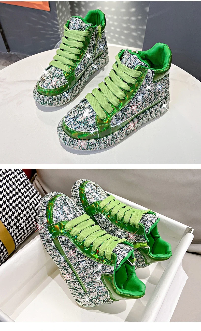 Women's Full Diamond Platform Sneakers Personalized Water Diamond Colored Embroidery Casual Shoes High Top Luxury Sports Shoes