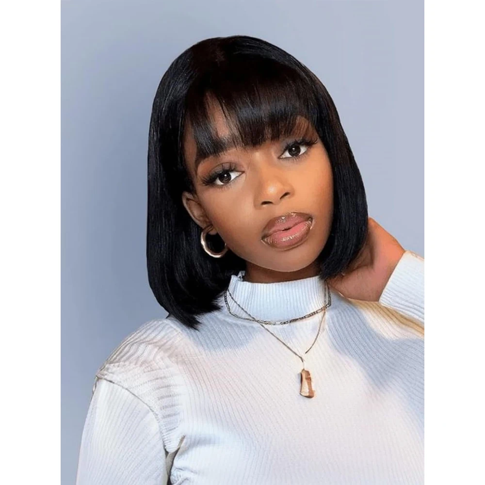 Straight Short Human Hair Bob Wig with Full Bangs Natural Looking Full Machine Made Short Black Blunt Cut Bob Wig for Daily Wear