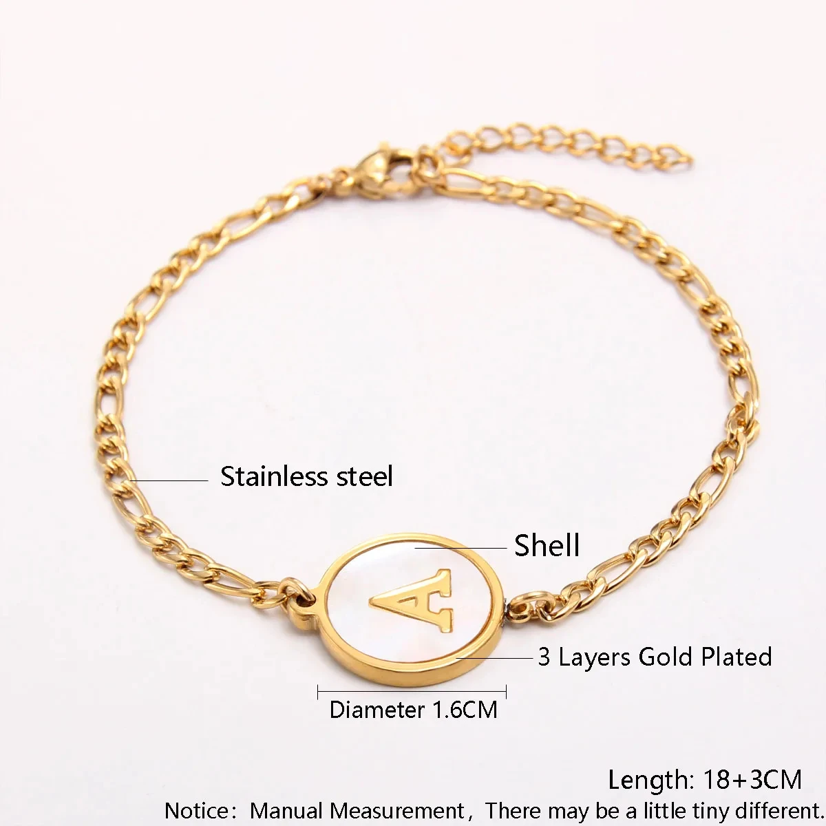 Stainless Steel Shell Initial Letter Bracelet for Women Men Round A-Z Alphabet Bracelets Chain Adjustable Jewelry Waterproof