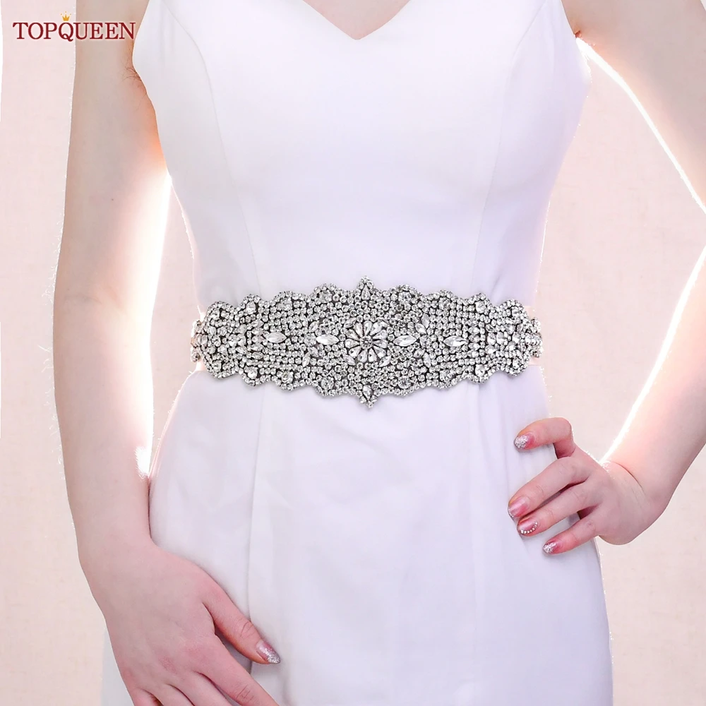 TOPQUEEN – ceinture de mariée S233 pour femmes, avec des appliques de strass argentés, robe de mariée, ceinture de décoration, accessoires faits à la main brillants