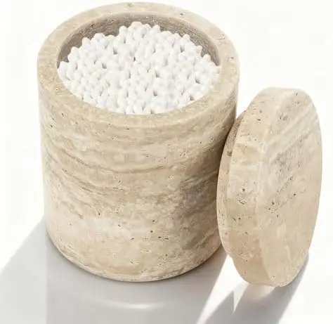 

Натуральный мраморный контейнер с крышкой – держатель для ватных палочек и зубных щеток, органайзер для косметики и зубной нити – бежево-белый травертин (NS019)