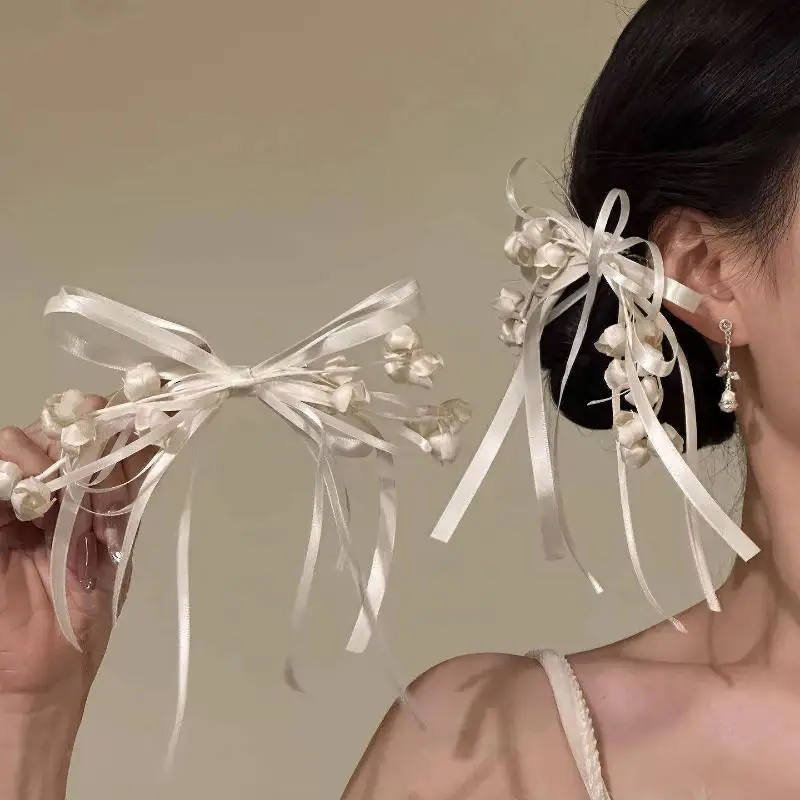 Kirschblüten-Glockenlilien-Haarspange mit Schleife, feenhafte Haarspangen für Frauen, Vintage-Blumen-Haaraccessoire – Detail 5