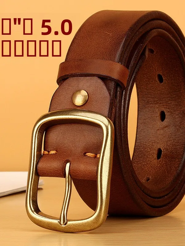 メンズ厚手純銅バックルレザーベルト-ヴィンテージ多用途ジーンズウエストベルト-ユーストップレイヤー牛革本革