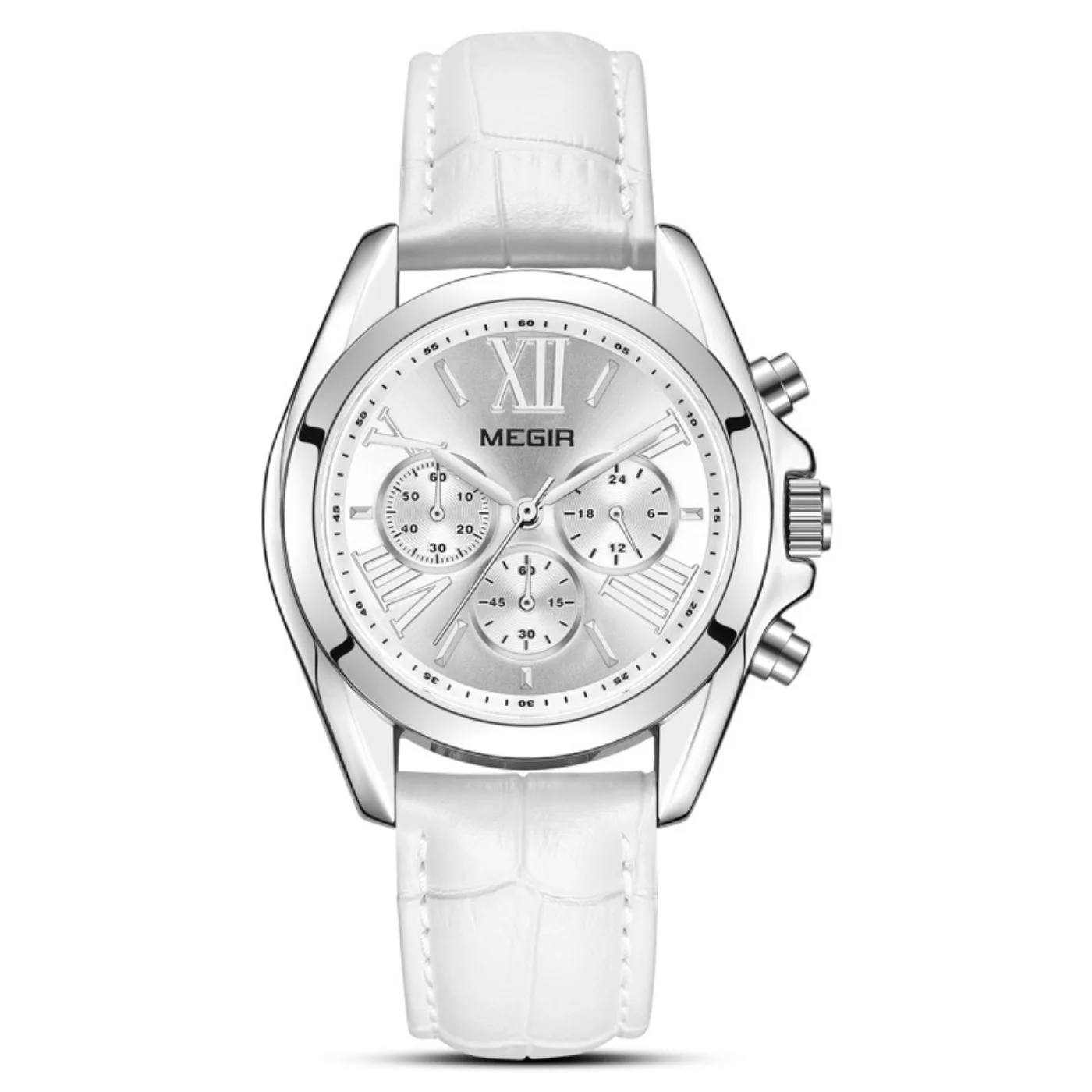 MEGIR New Luxury Leather Watch Women Female Top Brand Chronograph Quartz Wristwatch Lady Relogios Femininos Clock 2114 White view 4