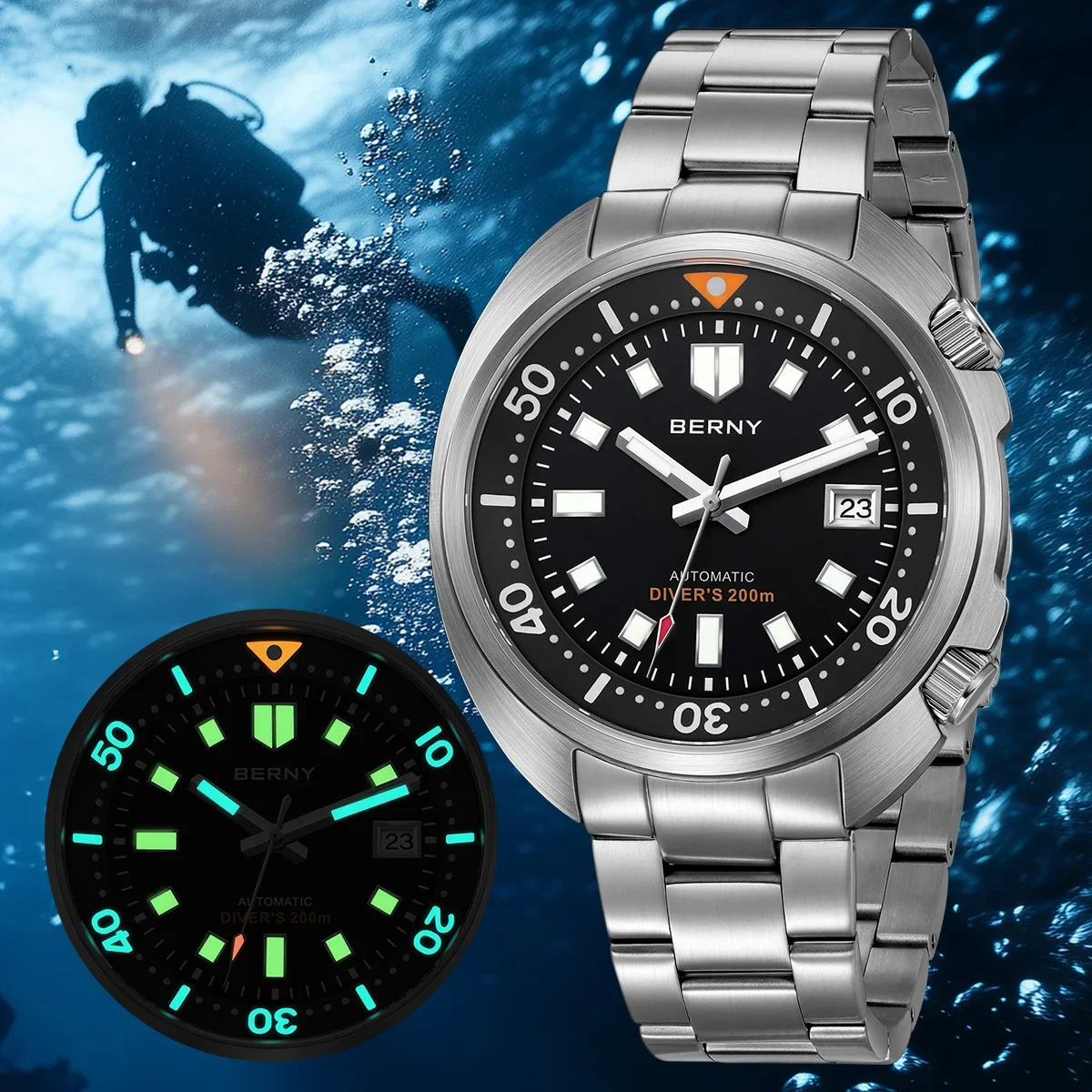 BERNY Compressor Automático Diver Watch para Homens Relógio de Pulso Super Luminoso Safira Swim Sport 20ATM Mecânico Mens Relógios de Mergulho