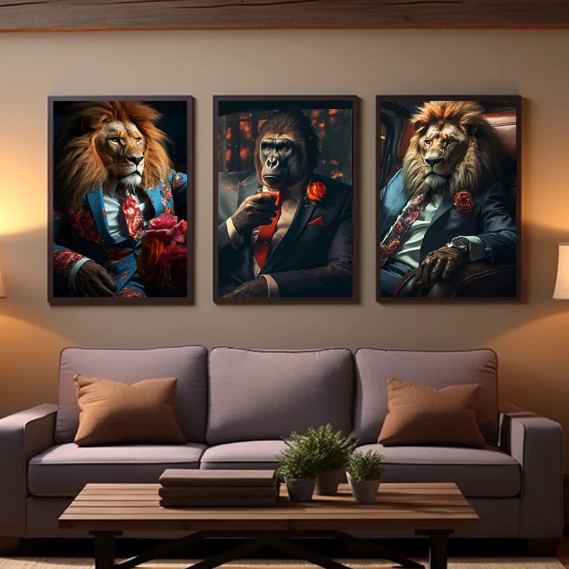 Fashion Lion With Suit Wall Art Canvas Posters and Prints Exuberant Tiger Modern Art Painting Stylish Animals Picture Room Decor