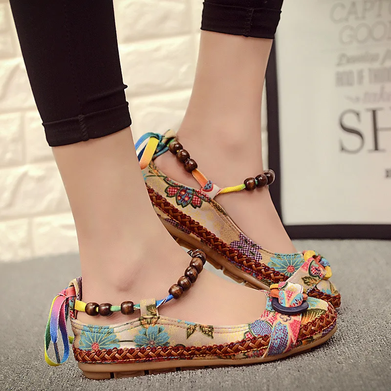 New fashion Women Ethnic Lace Up Round Toe Comfortable Flats Colorful Loafers casual embroidered cotton shoes size 35-42