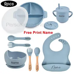 Cuenco de alimentación de silicona para bebé, 9 piezas, plato con ventosa, babero, cuchara, tenedor, tazas, juegos de vajilla para niños, nombre personalizado, libre de BPA