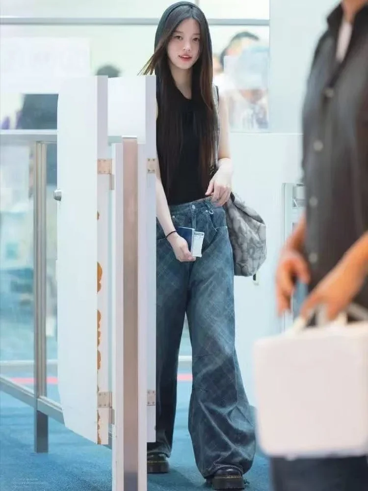 

Джинсы Minju Wide Leg Knife из денима, танцевальные брюки в клетку, в стиле Spicy Girl, с естественной талией, вышивкой, свободного кроя, средней эластичности