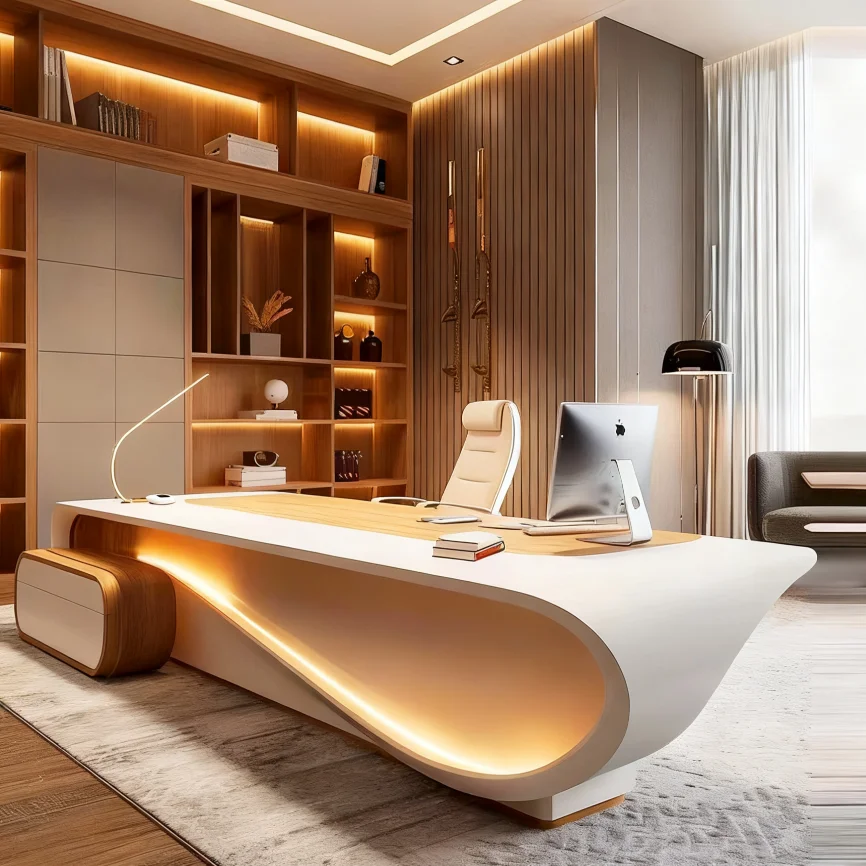 Chairman's Office New Chinese Style Wood Executive Desk With Curved Edge And Side Cabinet Business Office Desk