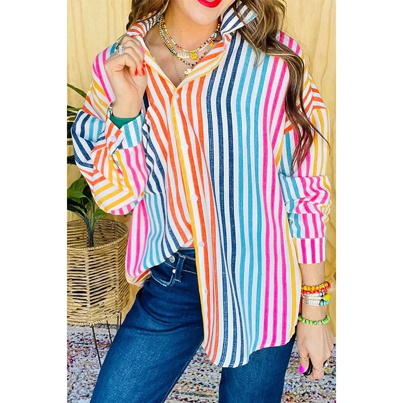 

and American temperament commuting versatile striped shirt women's 2025 spring new color matching single-breasted long-sleeved