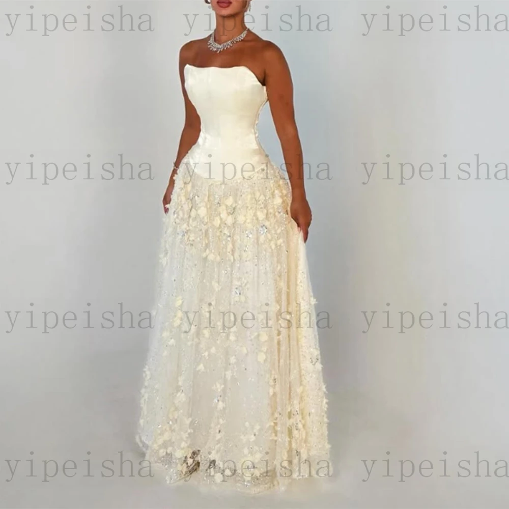 カスタマイズされたストラップレスイブニングドレス背中の開いた 3D 花レースアップリケスパンコール A ラインウエディングドレスドレープロング誕生日パーティードレス