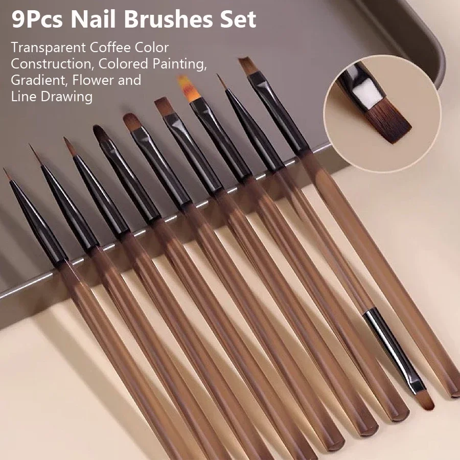 9Pcs Nail Brush Set Detail Work Pens Stylish Brown Handles Gel Nail Art Fine Line Painting Professional Home Use Tool Kit