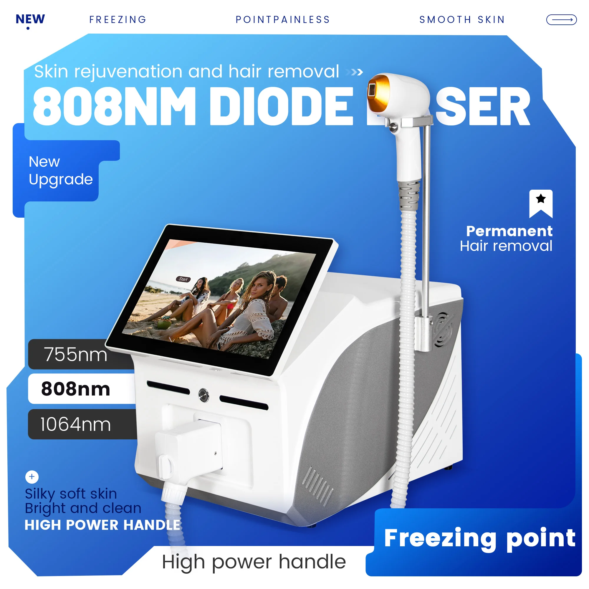 Professional 3-Wave 808nm Diode Hair Removal Machine 5000W Soprano Titanium Painless Hair Remover