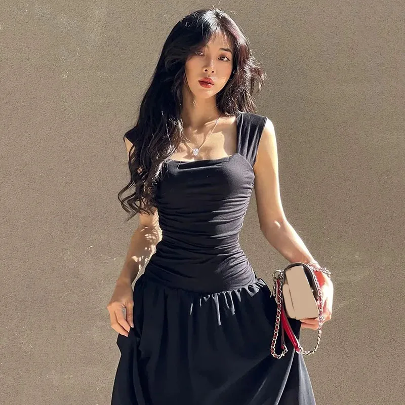 

High-Waist Party Long Dresses Sexy Ruched Bodycon Midi Dress Black Wide Strap Maxi Dress Women Summer Elegant Temperament