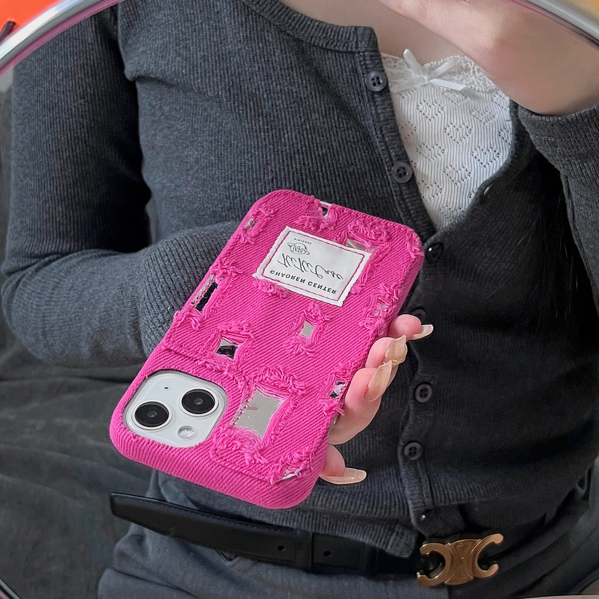 Korean INS Ragged Denim Cloth Mirror Rose Pink Chic Case for iPhone 15 14 13 Pro Max Back Phone Cover for 12 11 Pro Max Capa