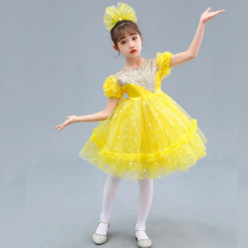 Costume da principessa per ragazza Happy little stars abito in tulle shaggy giallo abito da spettacolo di danza latina