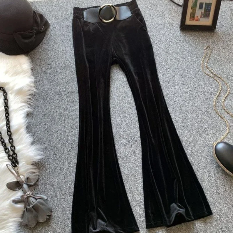 New Fashion Slim Velvet Flare Pants Women High Waist Soft Ankle-Length Casual Ring Clasp Elegant Trousers Autumn Winter