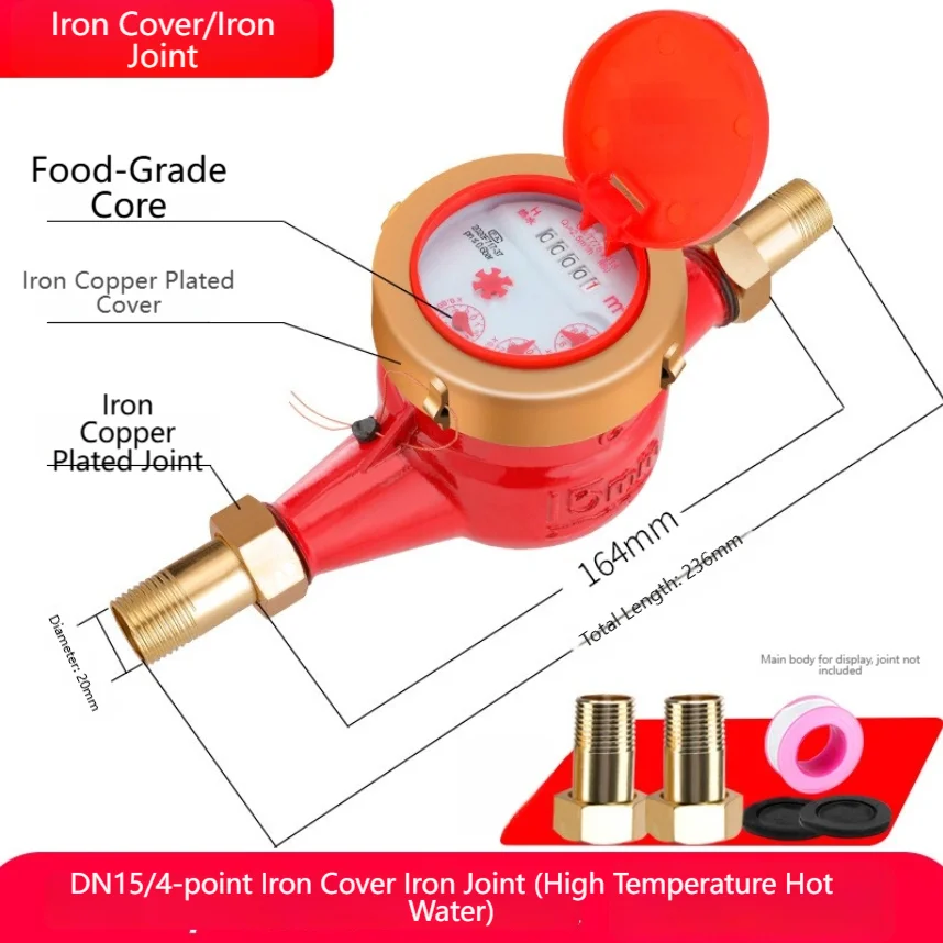 DN15 4 Point Solar Powered Water Meter Compatible with Multiple Connector Types Iron or Copper for Hot Water Use