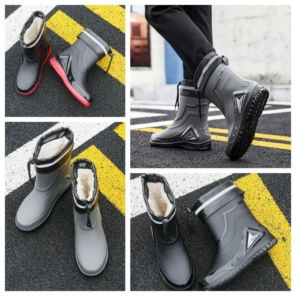

Trend Anti Slip Rain Boots Men Waterproof Drawstring Plush Rainshoes Streetwear Detachable Calf Galoshes Snowing