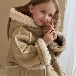 Childrens Jacket Winter New Childrens Double-sided Lambskin Jacket with Hooded Fur One-piece Coat Kids Clothes
