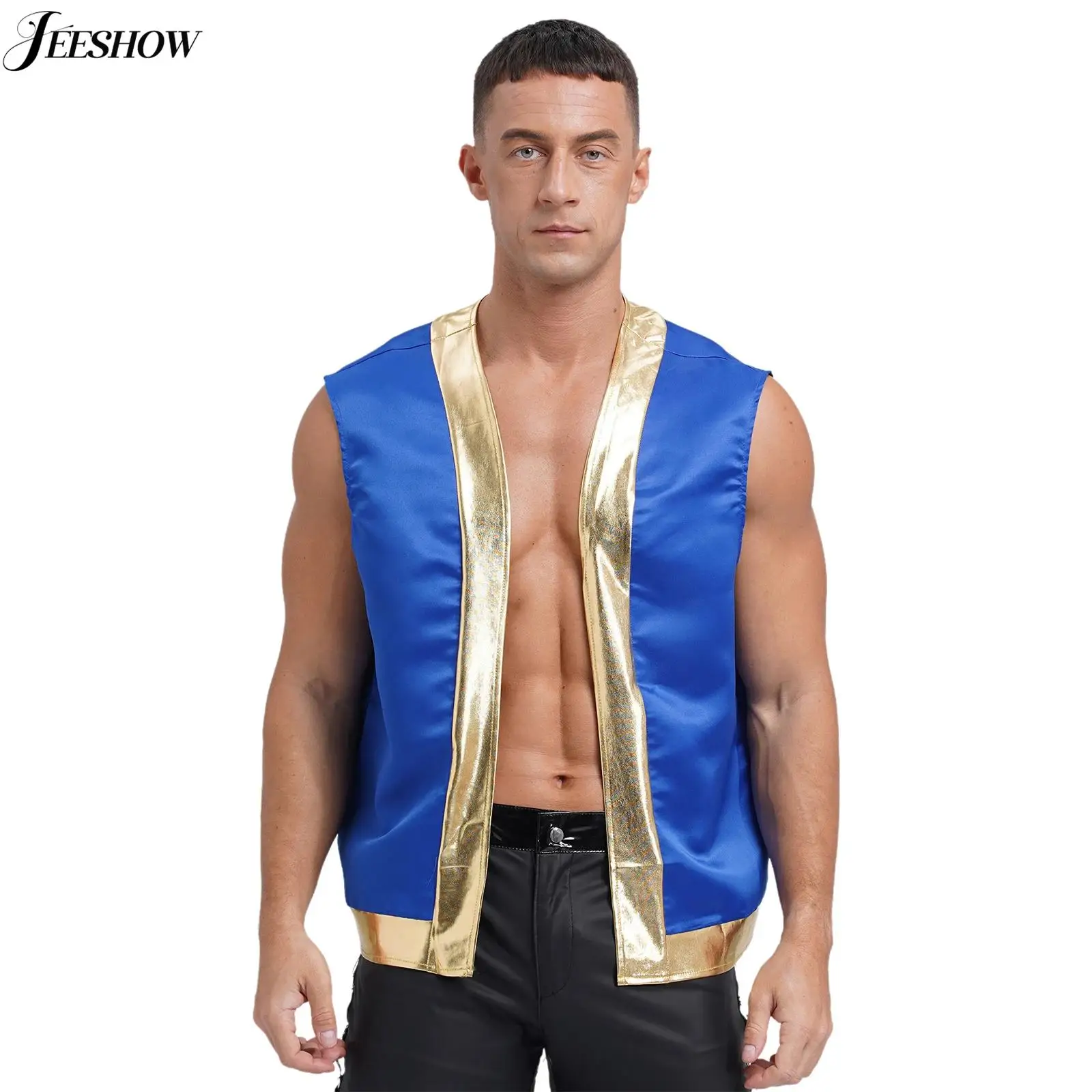 Mens Toad Vest Costumes Open Front Metallic Shiny Trim Contrast Waistcoat Cartoon Captain Cosplay for Halloween Dress-up Party