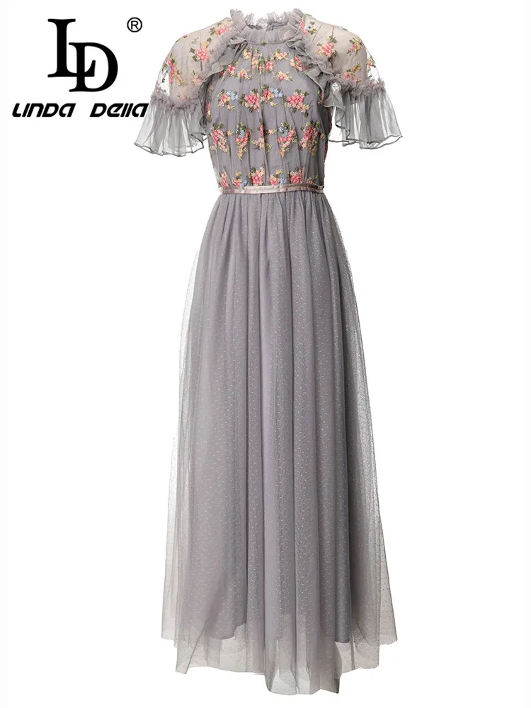 LD LINDA DELLA 2024 Summer Elegant and Pretty Dress Women's Gray Ruffle sleeve Print Splice Pleating Lace Long Dress