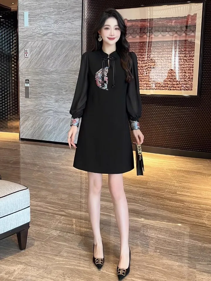

Elegant Chinese Style Embroidered Button up Stand Collar Patchwork Transparent Sleeve Dress Women's A-Line Skirt Long Sleeve ...