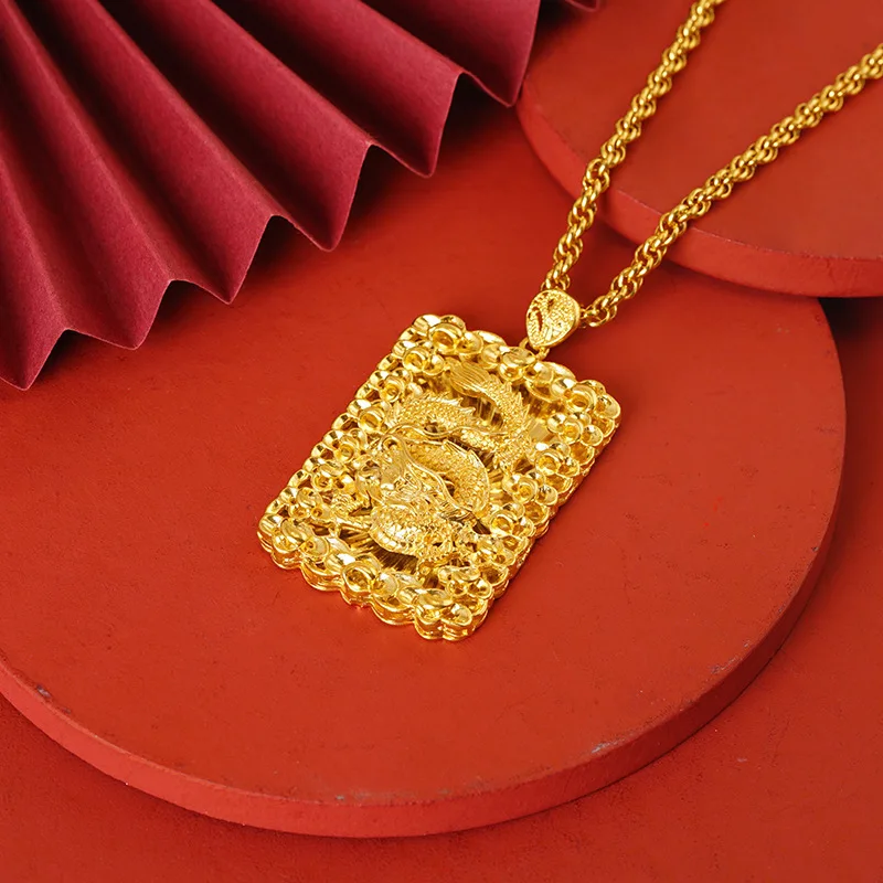 

Men'S Domineering Auspicious Cloud 24K Real Gold 999 Dragon Pendant Necklace Square Ripple Dragon Wedding Party Jewelry