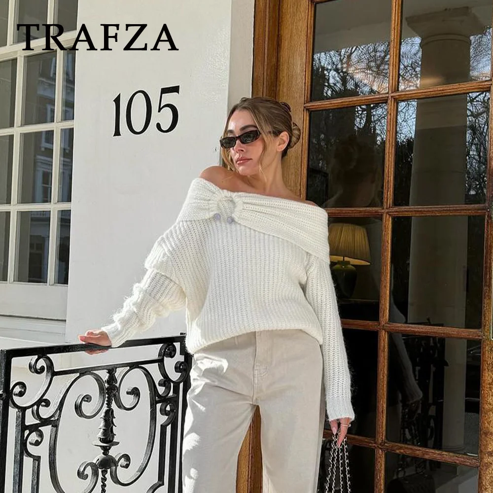 TRAFZA 2024 Spring Summer Casual Tierred Sweaters Fashion Streetwear Slash neck Solid Oversized Knitted Chic Elegant Sweaters