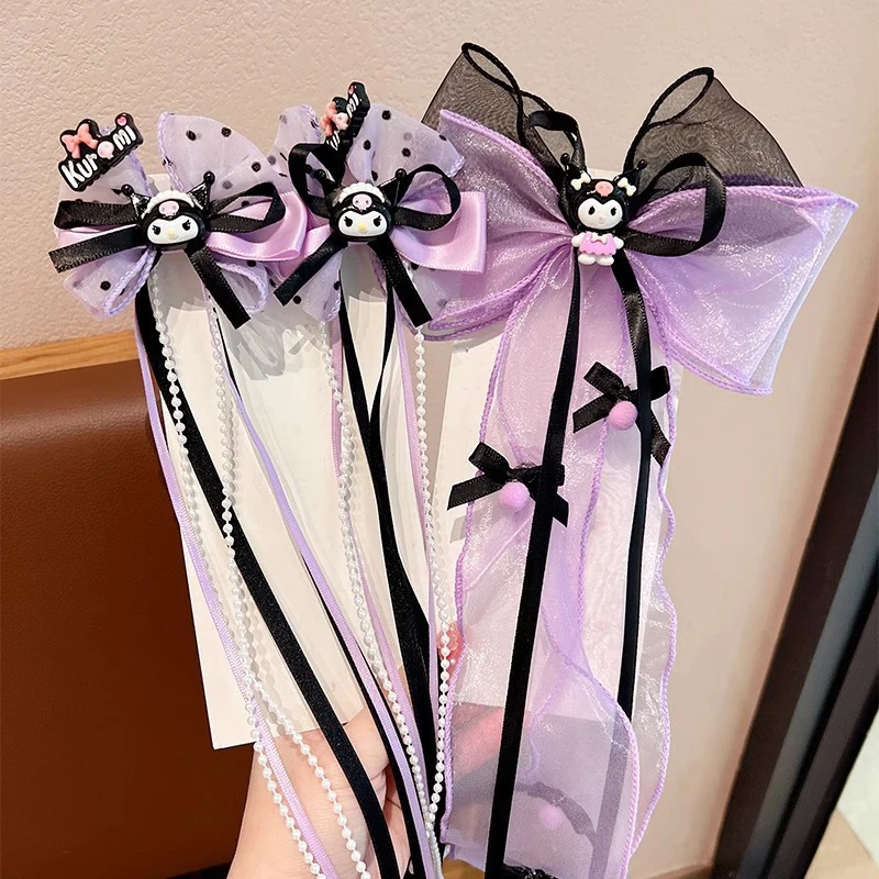 Sanrio Kuromi New Hair Clip Set Cute Cartoon Hair Accessories Kawaii Bowknot Long Ribbon Bangs Hairpin Fashion Girl Gift