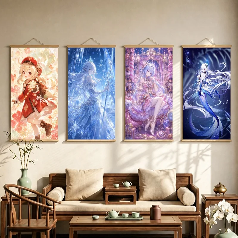 Genshin Impact Hanging Scroll with Anime Figures amid Red Floral Motifs and Luminous Blue Fantasy Scenes for a Bedroom