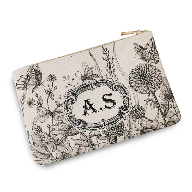 Bolso de mano con diseño de flores para mujer, cartera portátil de lino personalizable con letras, a la moda, para teléfono y vacaciones