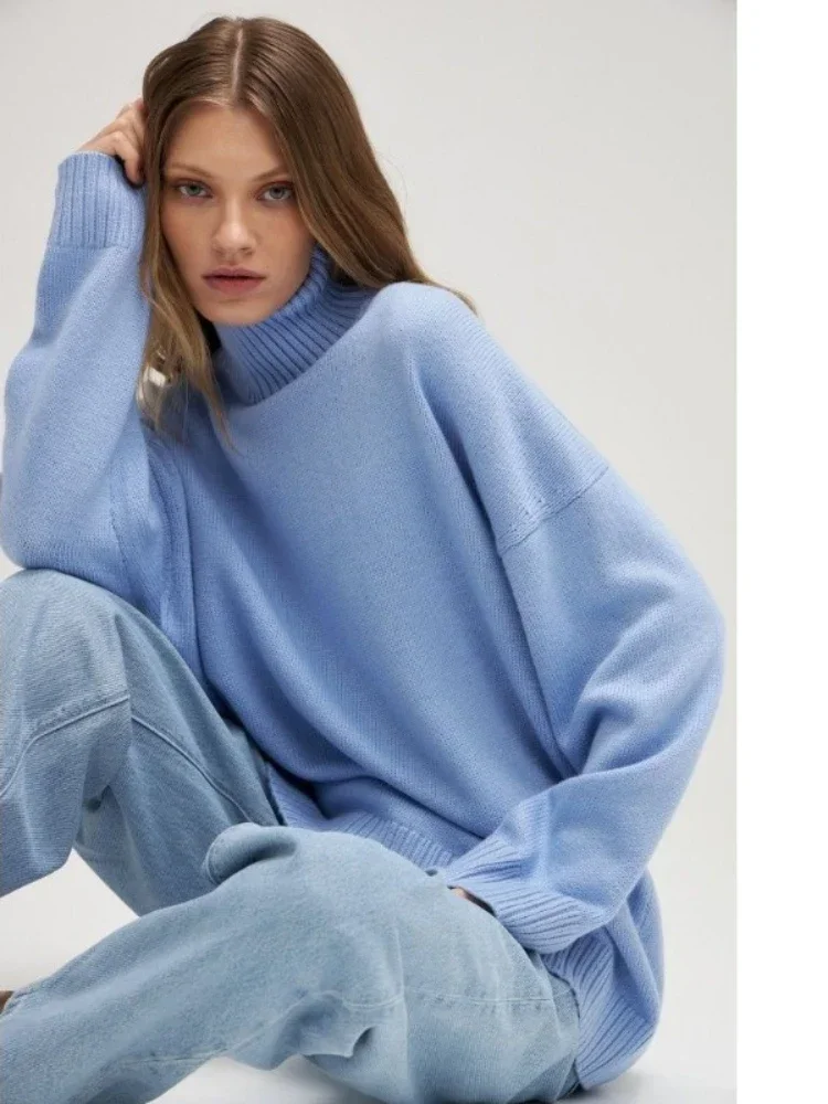 Winter Women\'s Turtleneck Oversize Sweater Pullover Female Vintage Jumper Solid Soft 2023 Blue Green Brown Warm Knitted Sweater